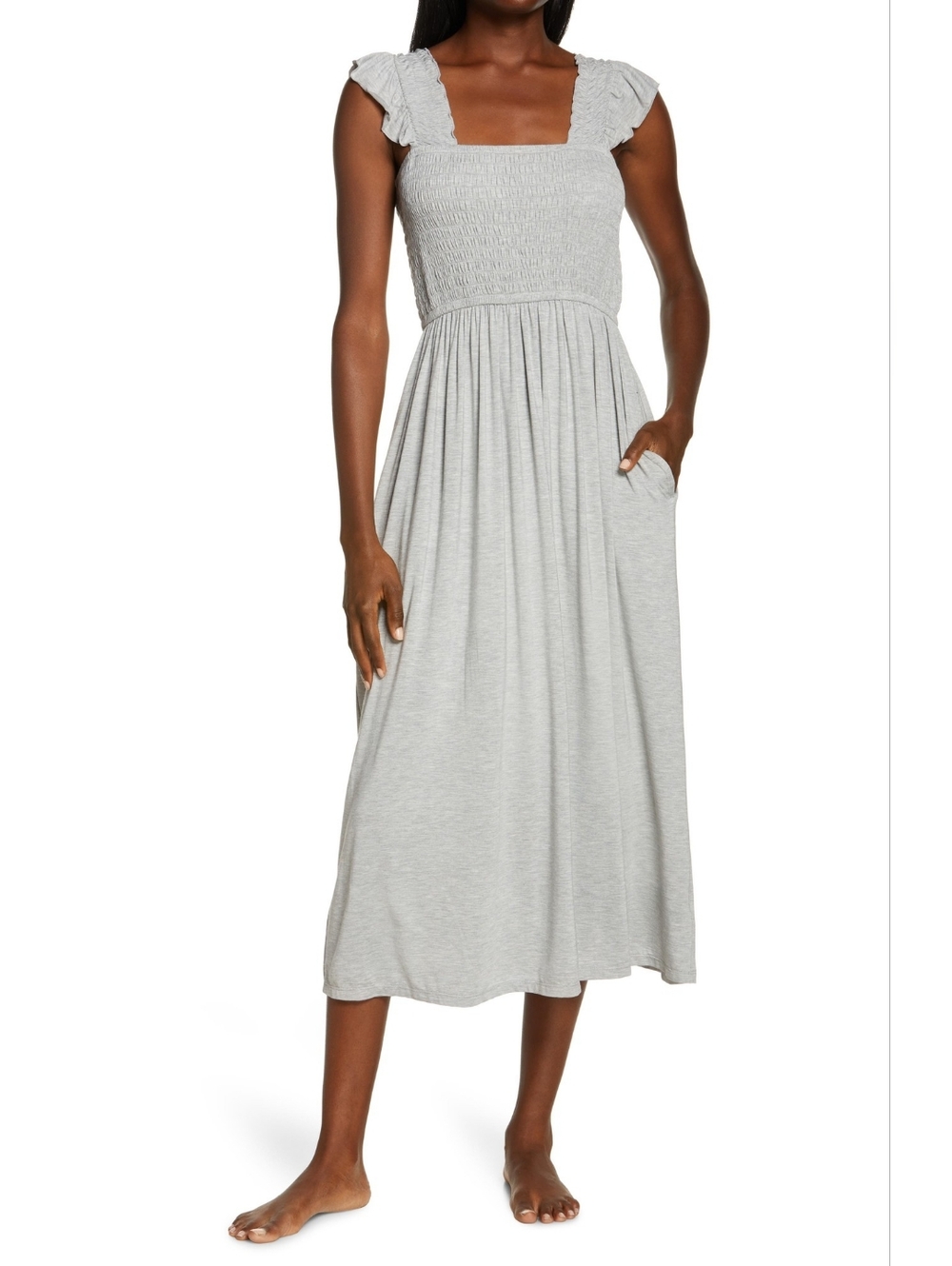 NWT Moonlight Dress in Grey Heather at Nordstrom, Sz S Smocked Square-Neck Midi